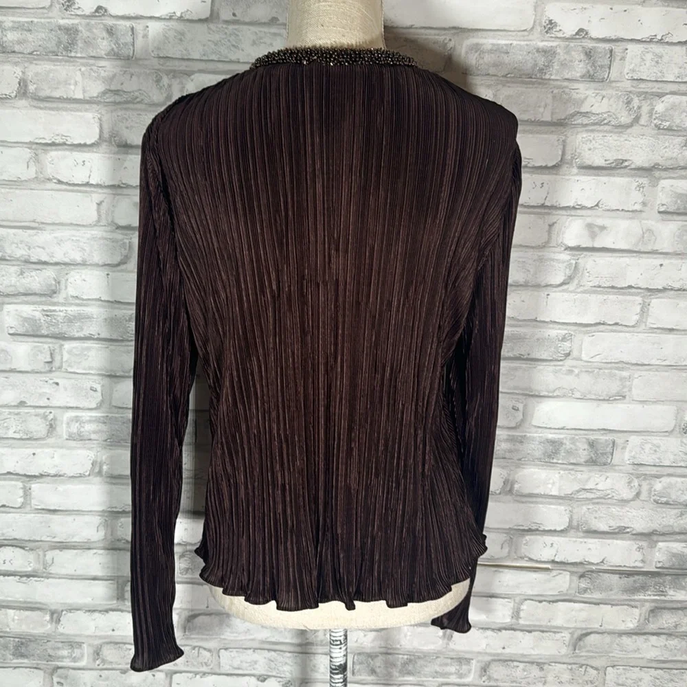 Cachet Brown Accordion Pleated Silky Blouse Cardigan